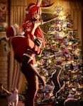  breasts cat christmas christmas_ornaments christmas_tree clickdraws couple dog hat highres large_breasts open_mouth red_hair santa_hat self_upload skirt smile 