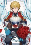  1boy armor balloon black_pants blonde_hair blue_eyes blue_ribbon bouquet box breastplate brown_gloves cake cape confetti copyright ex_albio feet_out_of_frame flower food fork fruit gift gift_bag gift_box gloves hair_between_eyes holding holding_fork holding_plate looking_at_viewer male_focus nijisanji official_art pants plate red_cape red_flower red_rose ribbon rose sakusya2honda sample_watermark short_hair shoulder_armor sitting smile solo straight-on strawberry streamers virtual_youtuber 