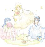  3girls absurdres artist_request blonde_hair blue_bow blue_hair blue_ribbon bow brown_hair chikorita green_(pokemon) highres kris_(pokemon) long_hair multiple_girls pajamas pikachu pokemon pokemon_adventures red_bow ribbon squirtle yellow_(pokemon) yellow_ribbon 