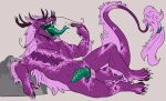  2022 absurd_res anthro antlers black_sclera bodily_fluids claws dripping finger_claws front_view genitals glistening glistening_eyes glistening_tongue green_eyes green_penis green_tongue half-erect hi_res horn imperatorcaesar knot male penis pink_tail_tuft purple_body purple_tail ridged_penis rock saliva saliva_drip solo tail_tuft tongue tongue_out tuft white_claws 
