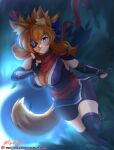  absurdres animal_ears armor bare_shoulders blue_eyes breasts brown_hair cleavage eyepatch fishnets fox_ears fox_girl fox_tail highres kunai looking_at_viewer ninja original pants scarf solo tail thighhighs thighs vilde_loh_hocen weapon 