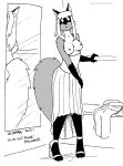  2021 anthro breasts canid canine clothing dress female fitting_room footwear fox fur greyscale hair herm_(lore) hi_res high_heels looking_back mammal mirror monochrome nipples rina_(runei) solo tegerio whiskers 
