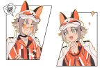  +_+ 1boy :3 absurdres animal_collar animal_hat animal_print annoyed baseball_cap black_collar blue_eyes brown_hair buttons clenched_teeth closed_eyes coat coat_on_shoulders collar collarbone cropped_torso crossed_arms dog_print fangs flat_color fox_hat fuiyoh furrowed_brow hands_up hat highres interlocked_fingers long_sleeves looking_ahead male_focus multiple_views mysta_rias nijisanji nijisanji_en open_mouth orange-tinted_eyewear orange_shirt outline own_hands_clasped own_hands_together round_eyewear shirt short_hair simple_background sparkle spoken_squiggle squiggle striped striped_shirt sunglasses teeth tinted_eyewear upper_body white_background white_coat white_headwear yellow_outline 