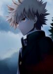  1boy absurdres bakugou_katsuki bangs black_coat black_hair blonde_hair blue_sky boku_no_hero_academia buttons closed_mouth cloud cloudy_sky coat collared_coat commentary_request eyebrows_hidden_by_hair from_side high_collar highres male_focus multicolored_hair orange_eyes outdoors short_hair sky solo spiked_hair sunlight tirudo29 tree two-tone_hair upper_body 