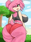  amy_rose anthro big_breasts big_butt bmayyneart bodily_fluids breasts butt clothed clothing eulipotyphlan female green_eyes hedgehog hi_res looking_at_viewer looking_back looking_back_at_viewer mammal multicolored_body one_eye_closed outside pink_body plant sega smile smiling_at_viewer solo sonic_the_hedgehog_(series) sweat sweaty_butt tan_body thick_thighs tree two_tone_body video_games wink winking_at_viewer 