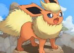  animal_focus bright_pupils cloud commentary_request day fang flareon highres jira_(ziraiya26) no_humans open_mouth outdoors pokemon pokemon_(creature) sky solo standing tongue white_pupils 