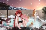  4girls :d absurdres antlers black_hair blonde_hair bow brown_eyes closed_eyes commentary_request commission fence green_eyes hair_bow hair_ribbon handheld_game_console highres long_hair making-of_available multiple_girls naked_towel nanana_(nanana_iz) onsen open_mouth original pink_hair red_bow red_hair ribbon skeb_commission smile snow snowing steam stuffed_animal stuffed_bunny stuffed_toy tail tail_ornament tail_ribbon towel twintails very_long_hair wading water yellow_ribbon 