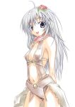  1girl 2000s_(style) ahoge anime_expo assassin_cross_(ragnarok_online) bangs blush breasts brown_leotard cape commentary_request cowboy_shot flower grey_eyes grey_hair hair_between_eyes hair_flower hair_ornament leotard long_hair looking_at_viewer navel nirap open_mouth ragnarok_online red_flower red_scarf revealing_clothes scarf simple_background sketch small_breasts smile solo torn_cape torn_clothes waist_cape white_background 