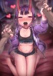  1boy 1girl bangs barefoot black_shorts black_sports_bra bob_cut breasts choker collarbone cutoffs denim denim_shorts eyeliner fate/grand_order fate_(series) heart horns jacket kneeling long_sleeves looking_at_viewer makeup navel oni oni_horns open_clothes open_jacket open_mouth purple_eyes purple_hair purple_jacket shinovi short_hair short_shorts shorts shuten_douji_(fate) skin-covered_horns small_breasts solo_focus sports_bra thighs tongue tongue_out 