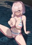  1boy 1girl absurdres bangs bare_shoulders bikini breasts cleavage collarbone fate/grand_order fate_(series) hair_over_one_eye highres kawaruhi large_breasts light_purple_hair looking_at_viewer mash_kyrielight mash_kyrielight_(swimsuit_of_perpetual_summer_ver.02) multicolored_bikini multicolored_clothes navel one_breast_out purple_eyes rainbow_bikini short_hair sitting solo_focus striped striped_bikini sweat swimsuit thighs 