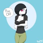  2021 arms_under_breasts big_breasts black_hair blue_background blush blush_stickers breasts cleavage clothed clothing crossed_arms english_text eva_(pearboy-ooh) female gardevoir goth hair hair_over_eye hi_res humanoid nintendo not_furry one_eye_obstructed open_mouth pearboy-ooh pok&eacute;mon pok&eacute;mon_(species) profanity purple_eyes signature simple_background solo speech_bubble text video_games 