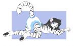  2017 anthro ass_up black_hair blue_background blue_eyes diaper diaper_fetish diaper_only digital_drawing_(artwork) digital_media_(artwork) fangs felid flat_colors fur hair long_hair looking_back male mammal open_mouth pantherine presenting raised_tail signature simple_background solo tiger tongue wen white_body white_fur 