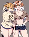  2girls alternate_breast_size animal_ears arm_at_side bangs belt black_hair blonde_hair breast_press breasts cleavage clinging collared_shirt cutoffs drawstring extra_ears fangs grey_hair hand_on_hip hands_on_another&#039;s_arm highres hood hood_down hoodie huge_breasts jewelry kemono_friends light_blush linea_alba long_hair long_sleeves looking_at_viewer mamiyama medium_hair midriff multiple_girls navel open_mouth orange_hair parted_lips pendant plunging_neckline shirt short_shorts shorts siberian_tiger_(kemono_friends) side-by-side sidelocks simple_background smile stomach striped striped_shirt tail tied_shirt tiger_(kemono_friends) tiger_ears tiger_girl tiger_tail toned unaligned_breasts very_long_hair white_hair wing_collar yellow_eyes 