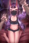  1boy 1girl bangs barefoot black_shorts black_sports_bra bob_cut breasts choker collarbone cutoffs denim denim_shorts eyeliner fate/grand_order fate_(series) heart horns jacket kneeling long_sleeves looking_at_viewer makeup mask mouth_mask navel oni oni_horns open_clothes open_jacket purple_eyes purple_hair purple_jacket shinovi short_hair short_shorts shorts shuten_douji_(fate) skin-covered_horns small_breasts solo_focus sports_bra thighs 