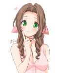  1girl 2021 aerith_gainsborough bare_arms bow breasts brown_hair choker cleavage closed_mouth collarbone dated final_fantasy final_fantasy_vii green_eyes hair_bow hair_intakes heart index_finger_raised krudears long_hair looking_at_viewer pink_bow pink_shirt ribbon_choker shiny shiny_hair shirt simple_background sketch sleeveless sleeveless_shirt small_breasts smile solo upper_body white_background 