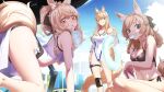  3girls absurdres all_fours animal_ear_fluff animal_ears arknights arm_at_side ass ass_visible_through_thighs aunt_and_niece bangs bare_shoulders bikini black_bikini black_bow black_ribbon blemishine_(arknights) blonde_hair blue_eyes blue_sky blush bow breasts building casual_one-piece_swimsuit center_opening city cleavage closed_mouth cloud collarbone competition_swimsuit covered_navel cup day disposable_cup drink drinking drinking_straw food food_in_mouth hair_bow highres holding holding_cup horse_ears horse_girl horse_tail innertube knee_pads large_breasts long_hair looking_at_viewer looking_back medium_breasts mouth_hold multiple_girls navel nearl_(arknights) nearl_(shimmering_dew)_(arknights) o-ring o-ring_bikini o-ring_top official_alternate_costume one-piece_swimsuit orange_eyes outdoors popsicle ribbon seto_tinami siblings side-tie_bikini sisters sitting sky smile standing sweat swimsuit tail thick_eyebrows thigh_strap v-shaped_eyebrows whislash_(arknights) white_swimsuit yellow_eyes 