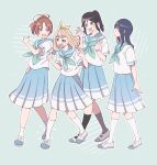  4girls ahoge bangs black_hair black_socks blonde_hair blue_eyes blue_hair blue_neckerchief blue_sailor_collar blue_skirt blush brown_hair embarrassed expressionless green_eyes hair_ribbon hands_up hibike!_euphonium highres kasaki_nozomi kitauji_high_school_uniform kneehighs liz_to_aoi_tori long_hair looking_at_another multiple_girls nakagawa_natsuki neckerchief oniwa parted_lips pleated_skirt ponytail purple_eyes red_eyes ribbon sailor_collar school_uniform serafuku shirt shoes short_sleeves skirt smile socks standing sweatdrop thumbs_up uwabaki watch white_footwear white_shirt white_socks yellow_ribbon yoroizuka_mizore yoshikawa_yuuko 