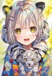  1girl animal_ears blush grey_hair hair_ornament hairclip highres japanese_clothes kimono looking_at_viewer open_mouth original san_mokmok05 smile solo tiger tiger_ears tiger_girl upper_body white_hair white_tiger yellow_eyes 