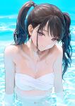  1girl alternate_hairstyle ameyame bikini breasts collarbone highres idolmaster idolmaster_shiny_colors kazano_hiori looking_at_viewer mole mole_under_mouth navel partially_submerged reflection reflective_water refraction small_breasts smile solo strapless strapless_bikini swimsuit twintails upper_body water_drop white_bikini 