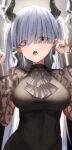  1girl :o absurdres arknights ascot bangs black_ascot black_dress blunt_bangs blush breasts chained_sarkaz_girl covered_navel cuffs demon_girl demon_horns dress eyes_visible_through_hair fangs grey_hair hair_over_eyes hands_up highres horns large_breasts long_hair open_mouth pointy_ears raw_egg_lent red_eyes shackles solo twintails upper_body very_long_hair 