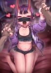  1boy 1girl bangs barefoot black_shorts black_sports_bra bob_cut breasts choker collarbone cutoffs denim denim_shorts eyeliner fate/grand_order fate_(series) heart horns jacket kneeling long_sleeves looking_at_viewer makeup mask mouth_mask navel oni oni_horns open_clothes open_jacket open_mouth purple_eyes purple_hair purple_jacket shinovi short_hair short_shorts shorts shuten_douji_(fate) skin-covered_horns small_breasts solo_focus sports_bra thighs tongue tongue_out 