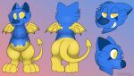  absurd_res ambiguous_gender anthro belly big_belly blue_body blue_fur canid canine canis digital_media_(artwork) dragon draygo foxball fur hi_res lying mammal membrane_(anatomy) membranous_wings model_sheet navel nude on_front overweight simple_background smile solo standing wings yellow_eyes 