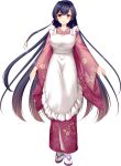  1girl agekichi_(heart_shape) apron artwhirl_mahou_gakuen_no_otome-tachi bangs black_hair closed_mouth floating_hair full_body hair_between_eyes highres japanese_clothes kimono long_hair long_sleeves looking_at_viewer pink_kimono print_kimono red_eyes sakura_(artwhirl) shiny shiny_hair smile solo standing tabi transparent_background very_long_hair white_apron wide_sleeves yukata 