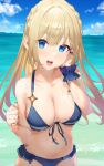 1girl :d bare_shoulders bikini blonde_hair blue_bikini blue_eyes blue_nails breasts cleavage collarbone cowboy_shot day frilled_bikini frills front-tie_bikini front-tie_top furuse_riff halterneck hand_up highres indie_virtual_youtuber large_breasts long_hair looking_at_viewer nail_polish navel ocean open_mouth outdoors scrunchie second-party_source smile solo standing stomach string_bikini swimsuit virtual_youtuber wet wrist_scrunchie xkirara39x 