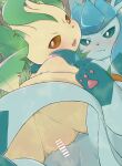  blue_body bodily_fluids censored duo eeveelution female female/female feral genital_fluids genitals glaceon hi_res leafeon looking_at_viewer nintendo pok&eacute;mon pok&eacute;mon_(species) pussy pussy_juice rumine video_games yellow_body 