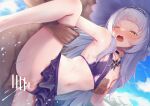  1boy 1girl bangs bar_censor bikini blunt_bangs blush breast_squeeze breasts censored choker cum cum_in_pussy dark-skinned_male dark_skin frilled_bikini frills grey_hair hetero highres hololive ichi-go leg_up long_hair murasaki_shion navel nipples one_breast_out one_eye_closed open_mouth penis pussy sex sex_from_behind small_breasts sweat swimsuit vaginal virtual_youtuber wet yellow_eyes 