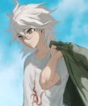  1boy absurdres bangs danganronpa_(series) danganronpa_2:_goodbye_despair day from_side green_jacket grey_hair grey_shirt hair_between_eyes harari highres holding holding_clothes holding_jacket jacket komaeda_nagito male_focus medium_hair messy_hair outdoors print_shirt shirt smile solo sweat upper_body 