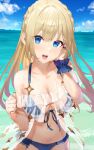  1girl :d bare_shoulders bikini blonde_hair blue_bikini blue_eyes blue_nails breasts cleavage collarbone cowboy_shot day frilled_bikini frills front-tie_bikini front-tie_top furuse_riff halterneck hand_up highres indie_virtual_youtuber large_breasts long_hair looking_at_viewer nail_polish navel ocean off_shoulder open_mouth outdoors scrunchie second-party_source see-through smile solo standing stomach string_bikini swimsuit virtual_youtuber wet wrist_scrunchie xkirara39x 