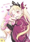  1girl bangs blonde_hair cloak crown dumuzid_(fate) earrings ereshkigal_(fate) eyebrows_hidden_by_hair fate/grand_order fate_(series) hair_ribbon holding hug jewelry looking_at_another mori_marimo one_eye_closed open_mouth orange_eyes ribbon sheep smile twintails 