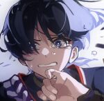  1boy bishounen clenched_teeth crying crying_with_eyes_open genshin_impact hand_up inertraccoon japanese_clothes looking_at_viewer male_focus purple_eyes purple_hair scaramouche_(genshin_impact) short_hair simple_background solo tears teeth upper_body white_background wind 