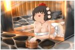  1girl :3 areola_slip bangs bath bathing black_hair blush border breasts bucket cleavage collarbone commentary_request covered_nipples feet_out_of_frame hat highres jewelry kimeemaru kitsunerider large_breasts leaning_forward looking_at_viewer miyabi_(senran_kagura) necklace one_eye_closed open_mouth red_headwear senran_kagura senran_kagura_estival_versus senran_kagura_shinovi_versus shameimaru_aya short_hair solo steam tokin_hat touhou towel_around_waist water white_border yukkuri_shiteitte_ne 