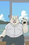  2022 4_fingers anthro belly big_belly black_nose bottomwear canid canine canis clothing cloud cute_fangs detailed_background domestic_dog eyes_closed fingers fugashi4090 hi_res humanoid_hands inside kemono male mammal mountain overweight overweight_male pants shirt sitting solo topwear white_body 