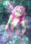  1girl 510lilith absurdres aqua_eyes bangs blush braid breasts collarbone completely_nude green_hair hair_between_eyes hair_censor hair_over_breasts hair_over_shoulder highres kanroji_mitsuri kimetsu_no_yaiba long_hair looking_at_viewer looking_up medium_breasts mole mole_under_eye multicolored_hair navel nude onsen open_mouth partially_submerged pink_hair sitting solo twin_braids twintails two-tone_hair very_long_hair 