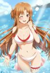  1girl :d asuna_(sao) bikini blue_sky blurry blurry_background braid breasts brown_eyes brown_hair cleavage collarbone hand_up highres large_breasts lieass long_hair looking_at_viewer navel ocean one_eye_closed partially_submerged shiny shiny_skin short_ponytail sky smile solo sunlight swimsuit sword_art_online thigh_strap wet white_bikini wristband 