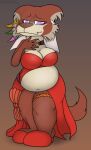  absurd_res anthro beastars belly big_belly big_breasts blush breasts brown_body brown_fur canid canine canis clothed clothing digital_media_(artwork) female foxball fur happy hi_res juno_(beastars) looking_at_viewer lying mammal navel on_front overweight simple_background smile solo standing wolf 