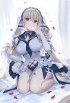  1girl absurdly_long_hair absurdres azur_lane bow breasts bridal_gauntlets choker cleavage clothing_cutout dress dress_bow dress_flower feather_dress formidable_(azur_lane) formidable_(timeless_classics)_(azur_lane) grey_hair headdress highres honnou_(kjs9504) kneeling large_breasts long_hair navel_cutout official_alternate_costume petals sleeveless sleeveless_dress twintails very_long_hair white_dress 