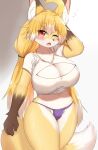  2022 4_fingers ahoge anthro asian_clothing big_breasts blonde_hair blush breasts brown_body brown_fur canid canine claws cleavage cleavage_cutout clothed clothing cute_fangs dipstick_ears dipstick_tail east_asian_clothing female female_anthro finger_claws fingers fluffy fox fundoshi fur gloves_(marking) hair hi_res horokusa0519 huge_breasts inner_ear_fluff japanese_clothing kemono long_hair looking_at_viewer mammal markings multicolored_body multicolored_ears multicolored_fur multicolored_hair multicolored_tail navel neck_tuft one_eye_closed open_mouth pawpads ponytail portrait red_eyes solo tail_markings three-quarter_portrait tongue tuft underwear white_body white_fur white_hair yellow_body yellow_fur 