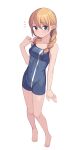  1girl aqua_eyes bare_arms bare_legs bare_shoulders barefoot blonde_hair blush breasts collarbone full_body highres long_hair looking_at_viewer one-piece_swimsuit original parted_lips pointy_ears saiste simple_background small_breasts solo swimsuit white_background 