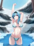  1girl absurdres arm_behind_head armpits axis_pr bare_arms bare_shoulders bikini black_hairband blue_bikini blue_hair blue_sky breasts breasts_apart collarbone commentary english_commentary eula_(genshin_impact) genshin_impact hairband highres ice large_breasts light_frown looking_at_viewer medium_hair navel partially_submerged purple_eyes side-tie_bikini sky snow solo standing stomach stretching swimsuit thighs tree twitter_username wading water 