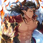  1boy abs animal_ears bandaged_hand bandages bare_pectorals black_hair brown_eyes cow_ears draph earrings eyepatch fire granblue_fantasy highres horns jewelry large_pectorals long_hair male_focus muscular muscular_male navel one_eye_covered pectorals pointy_ears reinhardtzar short_hair smile solo teeth upper_body user_aytz4344 vambraces 