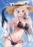  1girl animal_ear_fluff animal_ears aqua_eyes bikini bird black_bikini blue_sky blush braid breasts closed_mouth cloud cowboy_shot day dot_nose fang fox_ears fox_girl fox_shadow_puppet fox_tail halterneck hat highres hololive long_hair looking_at_viewer medium_breasts multi-strapped_bikini navel off_shoulder open_mouth outdoors pulled_by_self shirakami_fubuki shirt skin_fang sky smile solo stomach strap_pull straw_hat string_bikini swimsuit tail uechin_ewokaku underboob virtual_youtuber wading water wet white_hair white_shirt 