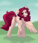 2021 anus butt crimm_harmony_(oc) cutie_mark digital_media_(artwork) equid equine feathered_wings feathers female feral genitals hair hi_res hooves itsspoopsb looking_at_viewer looking_back looking_back_at_viewer mammal my_little_pony nude open_mouth pegasus pink_hair pussy smile solo wings 