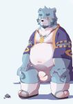  2022 anthro asian_clothing beard belly big_belly blue_body blush bonasiah bulge clothing east_asian_clothing facial_hair footwear full_attack fundoshi hi_res humanoid_hands japanese_clothing kemono male mammal navel overweight overweight_male pixiv_id_54092237 sandals sitting solo sophring_jie underwear ursid white_body white_clothing white_fundoshi white_underwear 