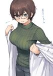 1girl black-framed_eyewear blush breasts brown_hair clenched_teeth coat_partially_removed green_sweater highres kaedeko_(kaedelic) labcoat large_breasts long_sleeves looking_at_viewer original ribbed_sweater short_hair simple_background solo sweater taut_clothes teeth white_background 