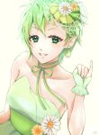  1girl bangs bare_arms bare_shoulders braid breasts choker collarbone dress earrings flat_furari flower green_dress green_eyes green_hair green_ribbon grin hair_between_eyes hair_flower hair_ornament hair_ribbon jewelry macross macross_delta parted_lips pointy_ears reina_prowler ribbon ribbon_choker short_hair simple_background single_braid small_breasts smile solo strapless strapless_dress upper_body white_background white_flower yellow_flower 