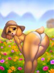  2022 animal_crossing anthro aozee bent_over biped black_nose blonde_hair blue_sky blurred_background breasts brown_eyes butt butt_focus canid canine canis chromatic_aberration clothed clothing convenient_censorship curvy_figure day detailed_background digital_media_(artwork) domestic_dog female field flower fur glistening glistening_eyes grass hair hat headgear headwear hi_res isabelle_(animal_crossing) looking_back mammal meadow nintendo outside panties plant seductive shih_tzu sky solo tall_grass teasing topless topless_anthro topless_female toy_dog underwear video_games white_clothing white_panties white_underwear yellow_body yellow_fur 